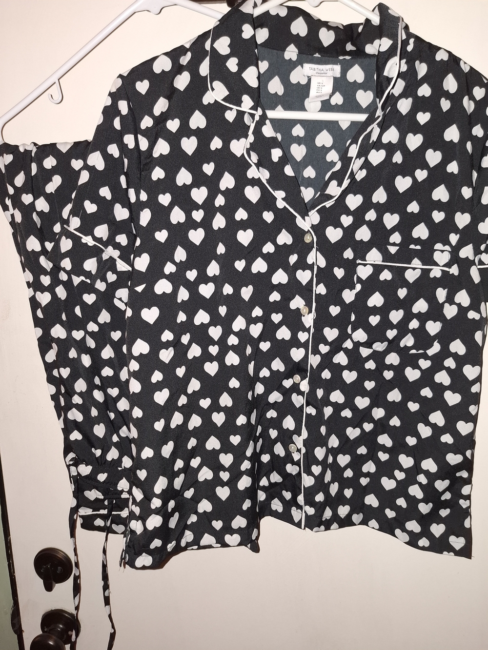 Tabitha Webb Black White Heart Print 2-Piece Button Front Pajama Set Women's S